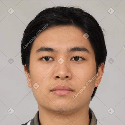 Neutral asian young-adult male with short  black hair and brown eyes