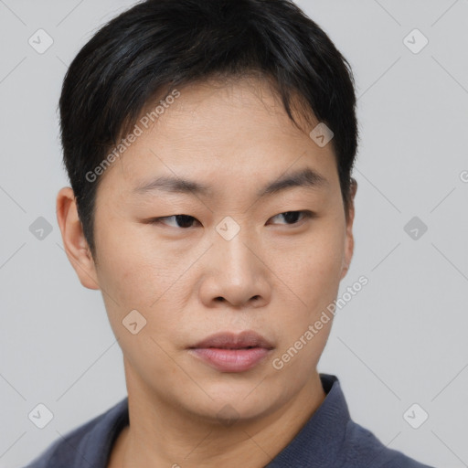 Neutral asian young-adult male with short  black hair and brown eyes