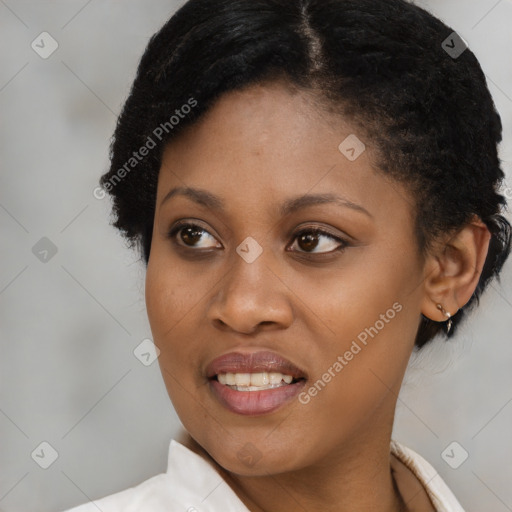 Joyful latino young-adult female with short  brown hair and brown eyes