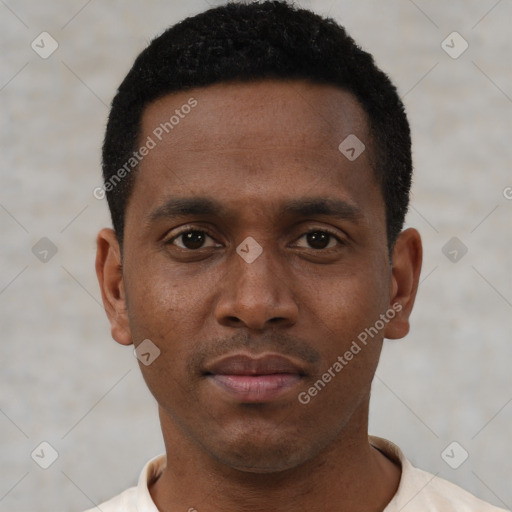 Neutral black young-adult male with short  black hair and brown eyes