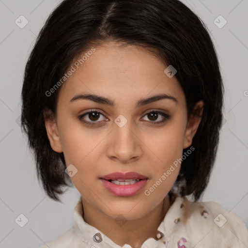 Joyful white young-adult female with medium  brown hair and brown eyes