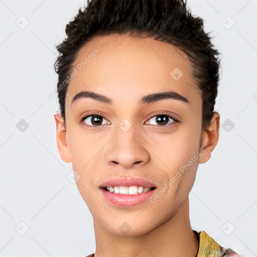 Joyful white young-adult female with short  black hair and brown eyes