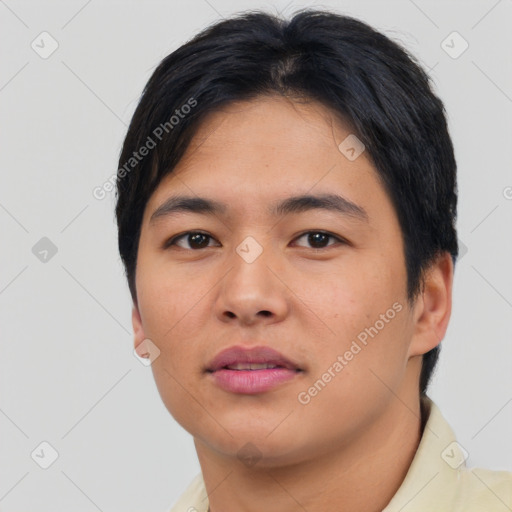 Neutral asian young-adult male with short  black hair and brown eyes