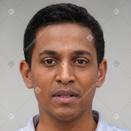 Neutral black young-adult male with short  black hair and brown eyes