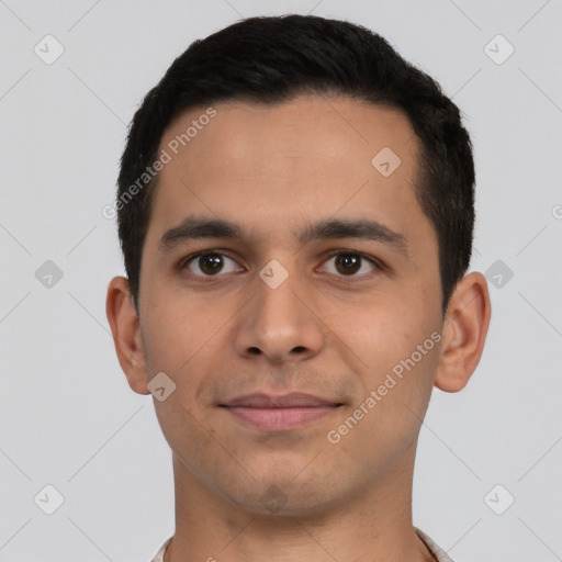 Joyful latino young-adult male with short  black hair and brown eyes