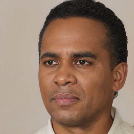 Neutral black young-adult male with short  black hair and brown eyes