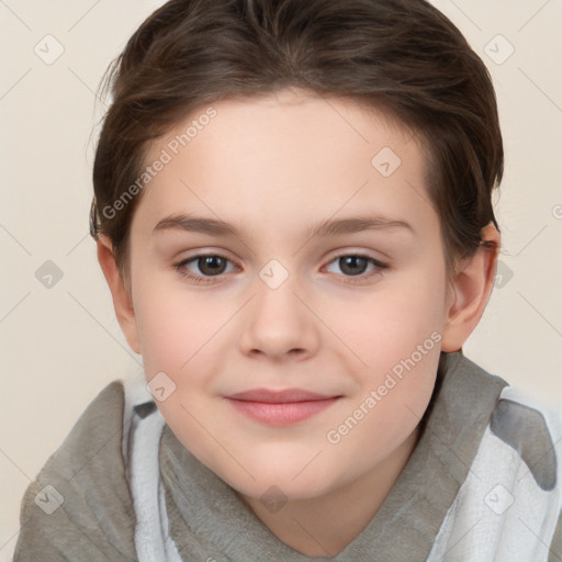 Joyful white child female with short  brown hair and brown eyes