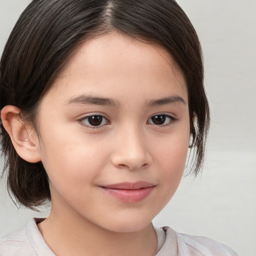 Joyful white child female with medium  brown hair and brown eyes