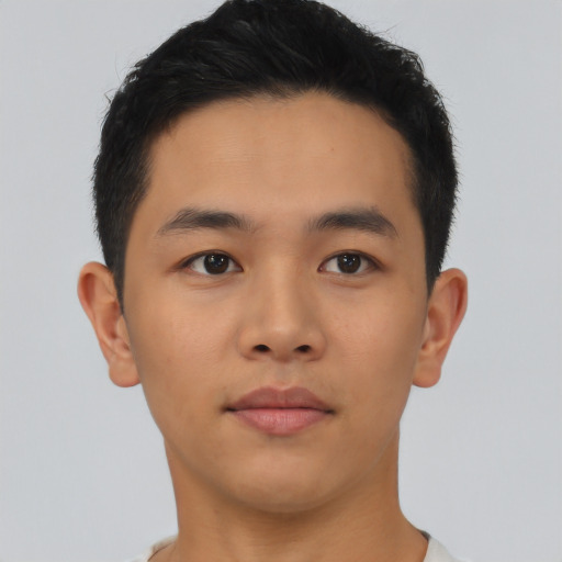 Neutral asian young-adult male with short  brown hair and brown eyes