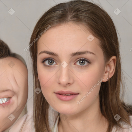 Neutral white young-adult female with medium  brown hair and brown eyes