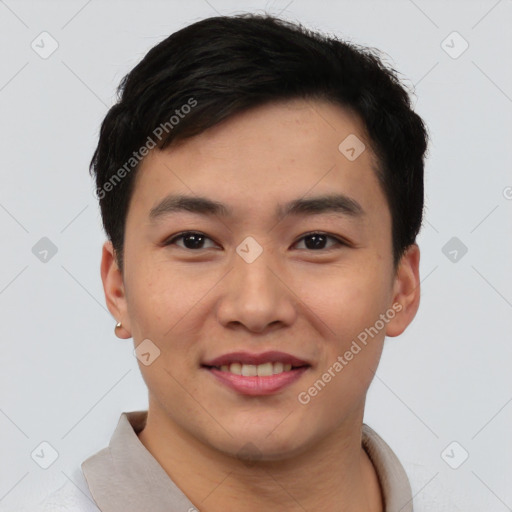 Joyful white young-adult male with short  black hair and brown eyes