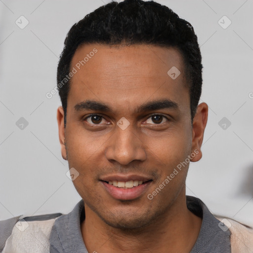 Joyful latino young-adult male with short  black hair and brown eyes