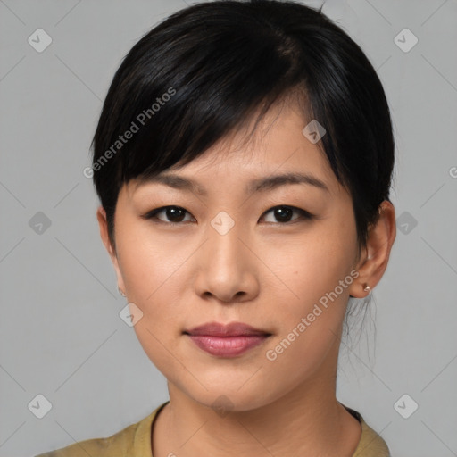 Neutral asian young-adult female with medium  black hair and brown eyes