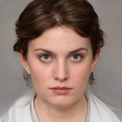 Neutral white young-adult female with medium  brown hair and blue eyes