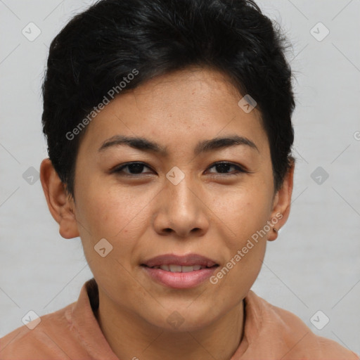 Joyful asian young-adult female with short  brown hair and brown eyes