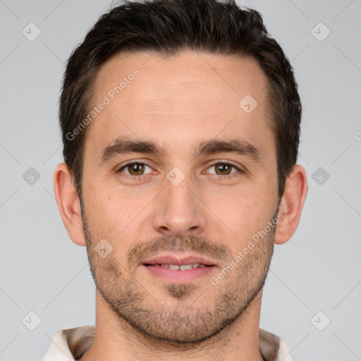 Joyful white young-adult male with short  brown hair and brown eyes