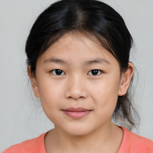 Joyful white child female with medium  brown hair and brown eyes
