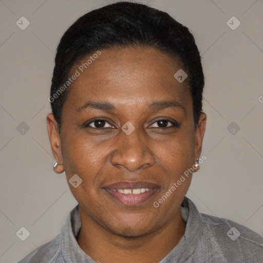 Joyful black young-adult female with short  black hair and brown eyes