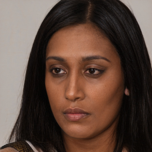 Neutral asian young-adult female with long  black hair and brown eyes