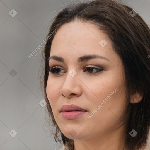 Neutral white young-adult female with medium  brown hair and brown eyes