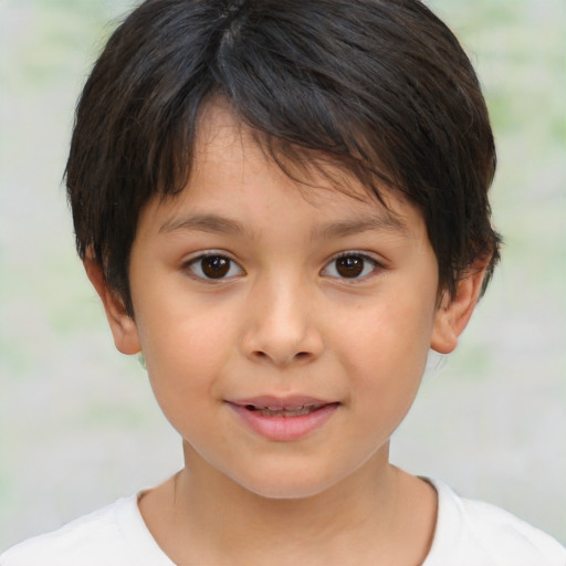 Joyful white child female with short  brown hair and brown eyes