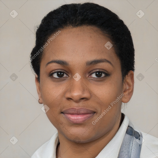 Joyful latino young-adult female with short  black hair and brown eyes