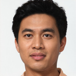 Neutral asian young-adult male with short  black hair and brown eyes