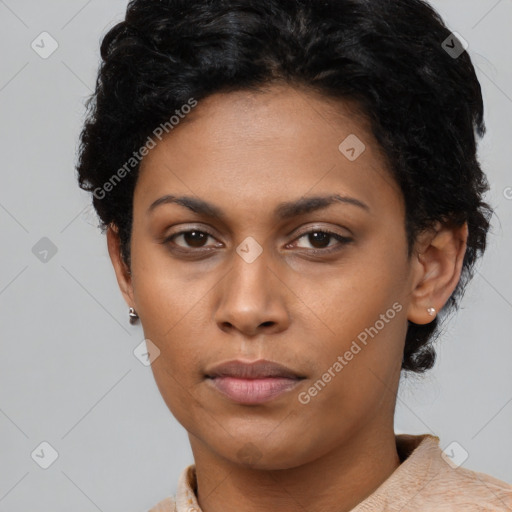 Neutral black young-adult female with short  black hair and brown eyes