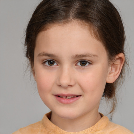 Joyful white child female with medium  brown hair and brown eyes