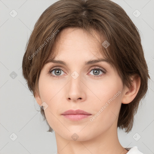 Neutral white young-adult female with medium  brown hair and brown eyes