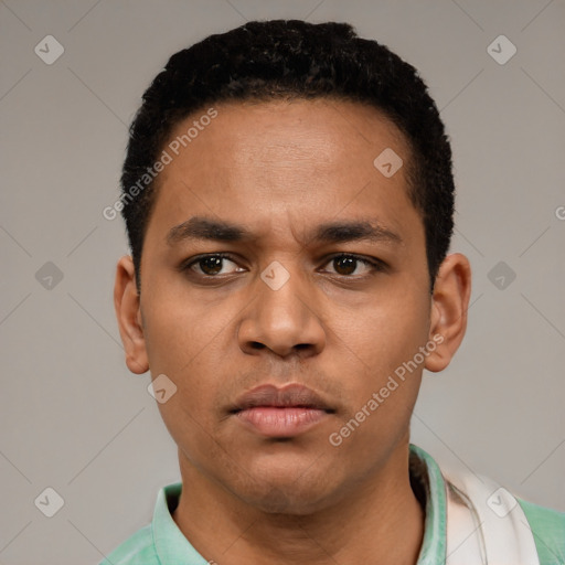 Neutral latino young-adult male with short  black hair and brown eyes