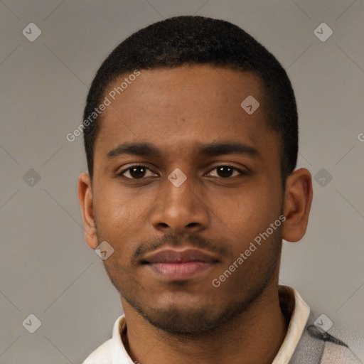 Neutral black young-adult male with short  black hair and brown eyes