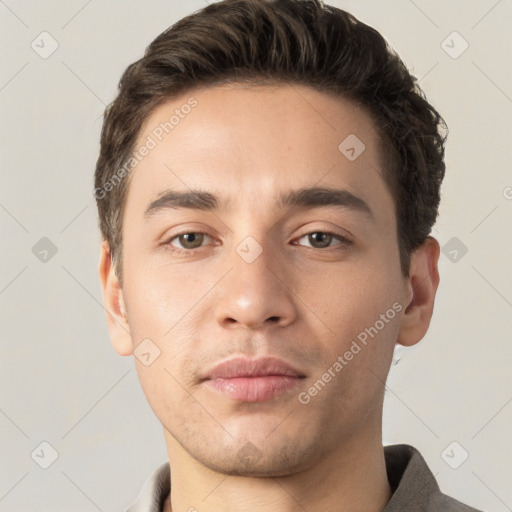 Neutral white young-adult male with short  brown hair and brown eyes