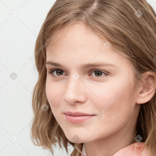 Neutral white young-adult female with long  brown hair and grey eyes