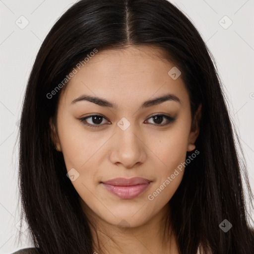 Joyful asian young-adult female with long  brown hair and brown eyes