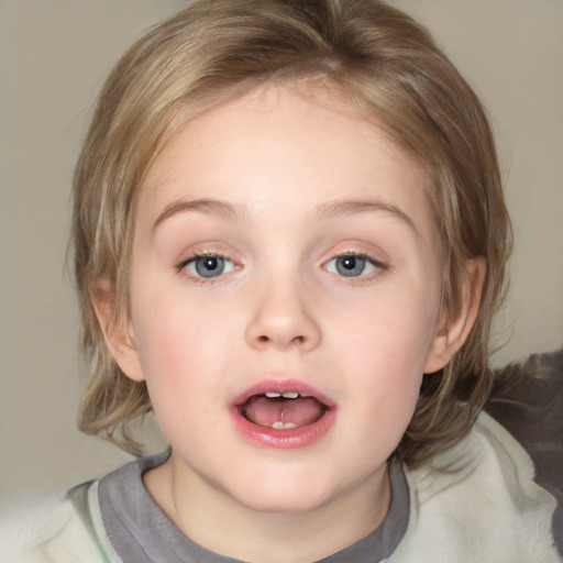 Joyful white child female with medium  brown hair and blue eyes