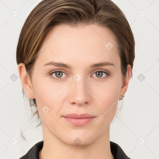 Neutral white young-adult female with medium  brown hair and grey eyes