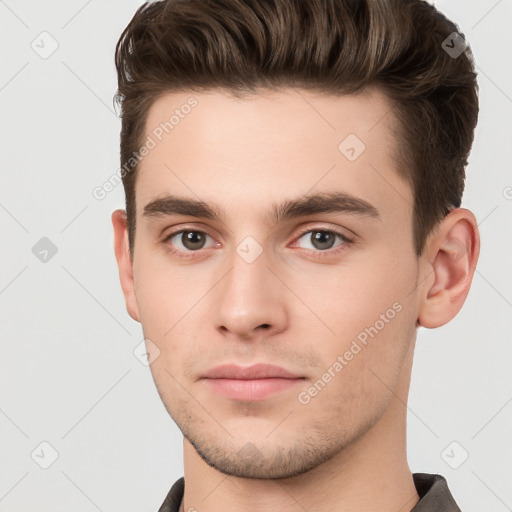 Neutral white young-adult male with short  brown hair and brown eyes