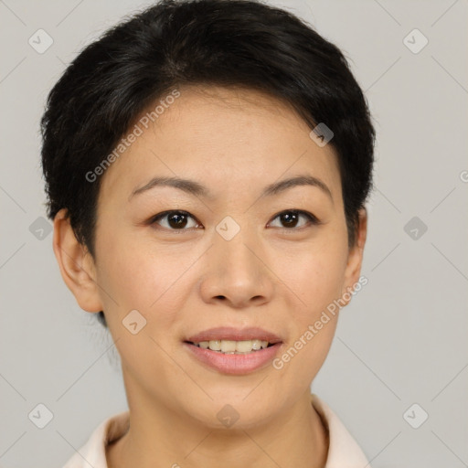 Joyful asian young-adult female with short  brown hair and brown eyes