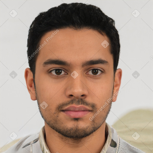 Neutral latino young-adult male with short  black hair and brown eyes