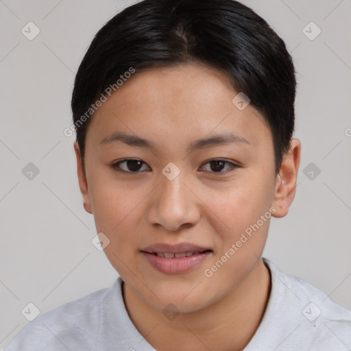 Joyful asian young-adult female with short  black hair and brown eyes