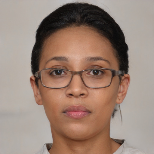 Neutral asian adult female with short  brown hair and brown eyes