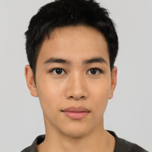 Neutral asian young-adult male with short  black hair and brown eyes