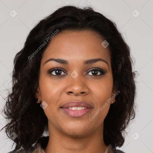 Joyful black young-adult female with medium  brown hair and brown eyes