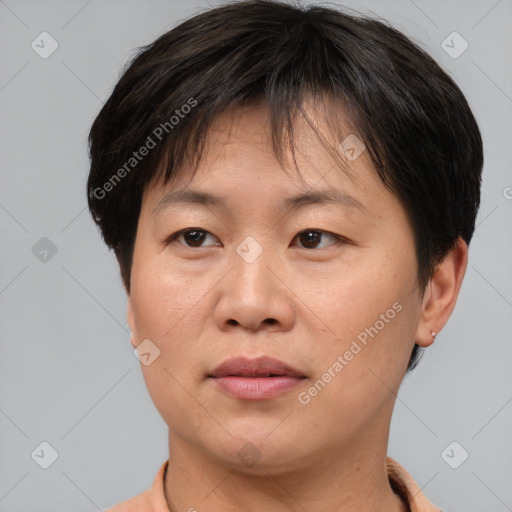 Joyful asian adult female with short  brown hair and brown eyes