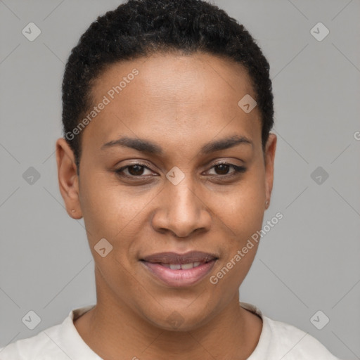 Joyful latino young-adult female with short  brown hair and brown eyes