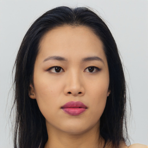 Neutral asian young-adult female with long  black hair and brown eyes