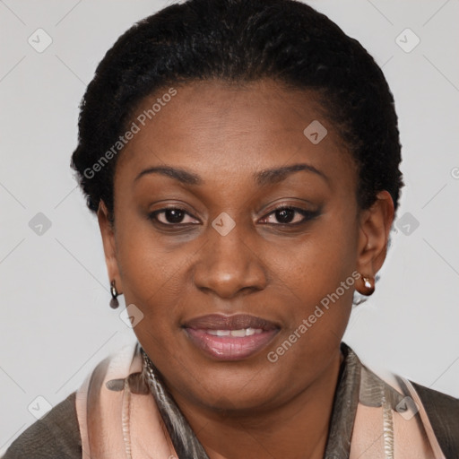 Joyful black adult female with short  brown hair and brown eyes