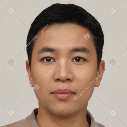 Neutral asian young-adult male with short  black hair and brown eyes