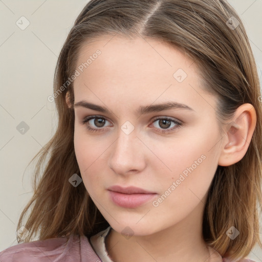 Neutral white young-adult female with long  brown hair and brown eyes